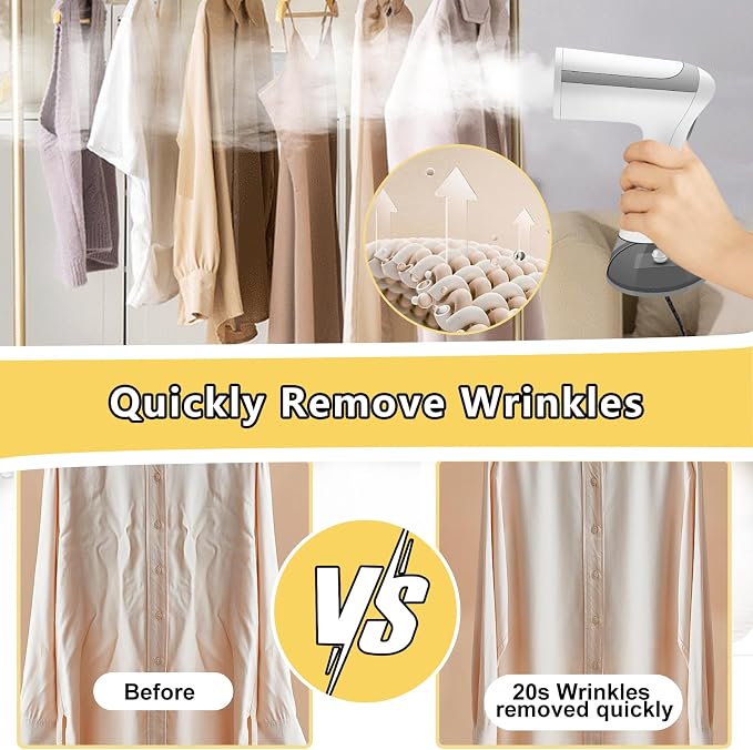 BUNUD Handheld Steamer for clothes 1500W: 20S Heat-up Garment Clothes Steamer with 300ml Water Tank - Portable Fabric Wrinkle Remover - Steam Iron 2 In 1 with Brush for Home/Office/Travel (White)