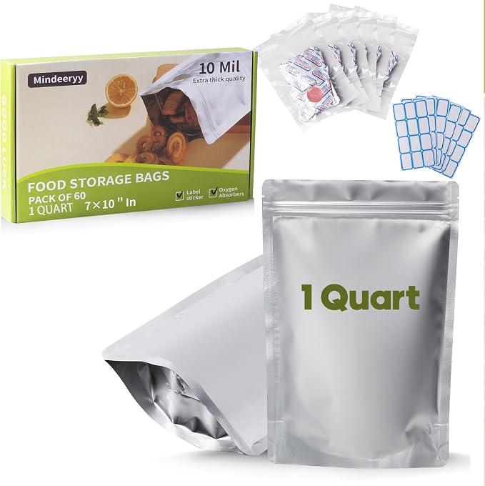 60pcs 1 Quart Mylar Bags for Food Storage with Oxygen Absorbers and Labels | 7x10 Inch Zipper Pouches Resealable Extra Thick 10 Mil for Long Term Food Container Sets,Heat Sealable
