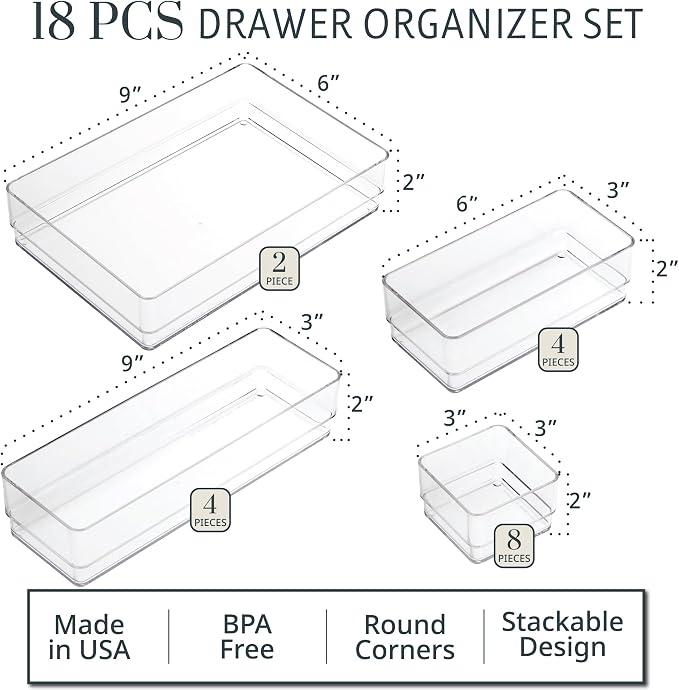 STORi SimpleSort 18-Piece Stackable Clear Drawer Organizer Set | Multi-size Trays | Makeup Vanity Storage Bins and Office Desk Drawer Dividers | Made in USA
