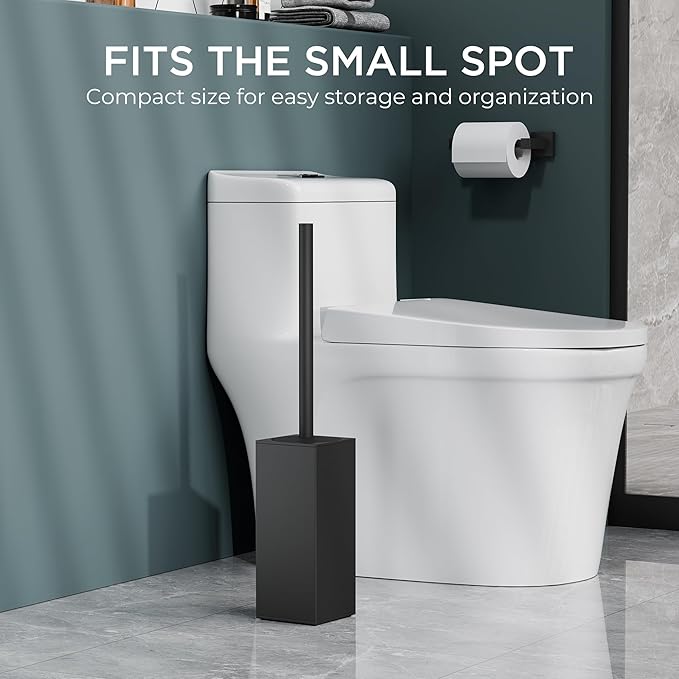 FORIOUS Toilet Brush and Holder Set, Heavy Duty 304 Stainless Steel Base Square and Long Handle for Bathroom Deep Cleaning, Drip-Proof, Space Saving for Storage, 2 Toilet Bowl Brush Head, Black