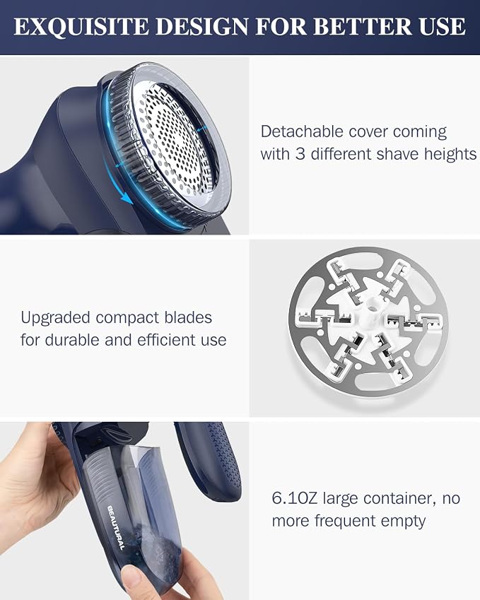 BEAUTURAL Fabric Shaver and Lint Remover, Portable Sweater Defuzzer | AC Adapter or Battery Powered, 2 Speeds, 1 Replaceable 6-Leaf Blade, Powerful & Efficient for Couch and Furniture