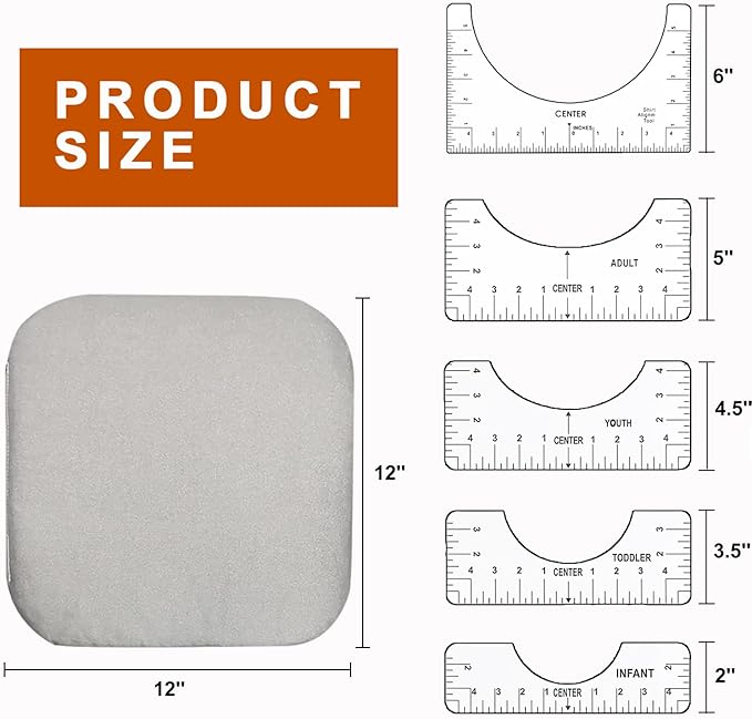 Heat Press Mat Double Sided12 x 12" with 5 Tshirt Guide Rulers for Cricut Easypress, Ironing Pad for DIY Sublimation HTV Vinyl Transfer