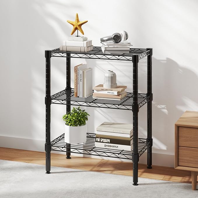 NEWBULIG 3-Tier Metal Wire Storage Shelves, Adjustable Heavy Duty Steel Shelving Unit, Freestanding Storage Rack Organizer for Kitchen, Pantry, Garage, Bathroom, 23.2" W x 13.4" D x 30.3" H, Black
