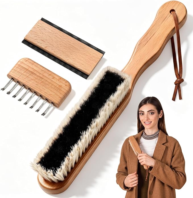 3 Pcs Clothes Brush Set Includes Garment Brush, Cleaning Comb and Lint Remover, Clothes Brushes Comb for Suit Coat Sweaters Suit and Silk, Black & White Horsehair Bristle