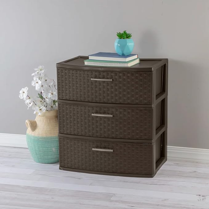 Sterilite 4 Pack 3 Drawer Wide Storage Tower, Weave Organizer, Espresso | Lightweight Opaque Home Storage Container for Bedrooms, Closets, or Bathrooms