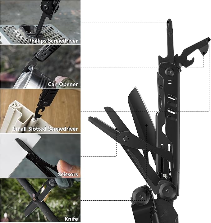 FLISSA 15-in-1 Multitool Pliers with Sheath Safety Lock EDC | Stainless Steel with Self-Locking System, Knife, Saw and Screwdrivers. Belt Clip Nylon Carry Case for Outdoor Survival.