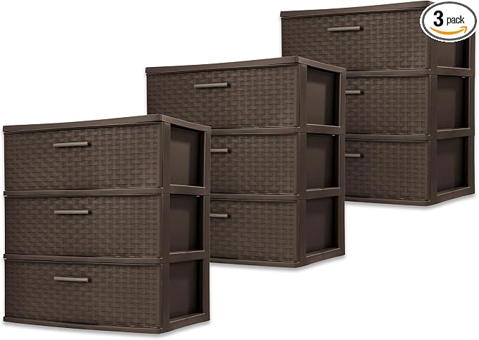 Sterilite 3 Pack 3 Drawer Wide Storage Tower, Weave Organizer, Espresso | Lightweight Opaque Home Storage Container for Bedrooms, Closets, or Bathrooms