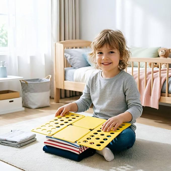 Kids Clothes Folding Board 2-Pack – Laundry Folder for Toddlers – Shirt Organizer for Drawers & Travel – Montessori Tool Ages 1-7 – Space Saving & Durable (Black&Yellow Combo)