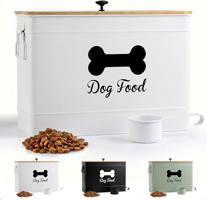Dog Food Container Airtight Bamboo Lid 15-20 lb Sturdy Metal Handle 70 Cups | Pet Jar For Dogs up to 100lbs, Airtight Bamboo Lid, Sturdy Comfortable Metal Handle, Powder Coated Iron, Kibble Storage Bin