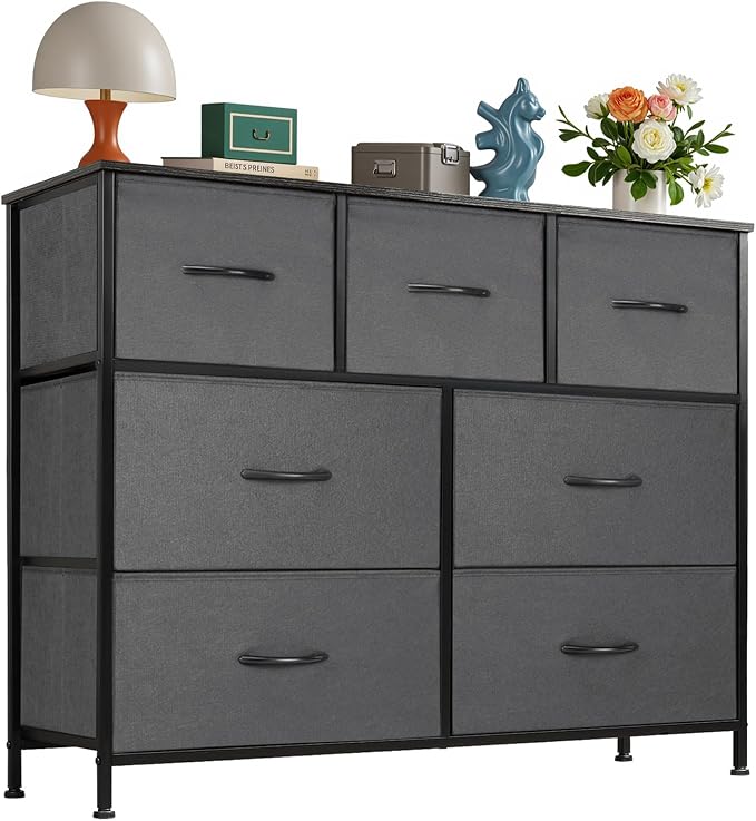 OLIXIS 7 Drawers Fabric Dresser for Bedroom, Storage Tower Organizer | Living Room & Entryway, Sturdy Steel Frame, Wooden Top & Easy-Pull Bins, Closet Chest for Clothes, Classic Grey