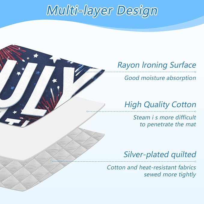 Ironing Mat Portable Ironing Pad Blanket with Silicone Iron Rest for Table Top Travel Heat Resistant Double-Side Using Large 47x28 Inch Foldable July 4th Blue Fireworks Stars
