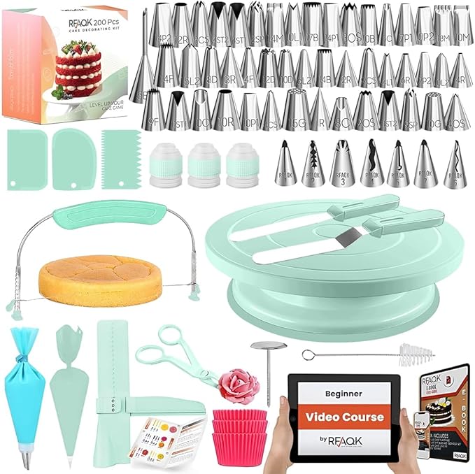 RFAQK 200PCs Cake Decorating Kit with Cake Turntable & Leveler, Baking Supplies Gift Includes 110+1 Piping Bags,55 Icing Tips,2 Frosting Spatulas, Adjustable Scraper, Video Tutorial, Booklet & more