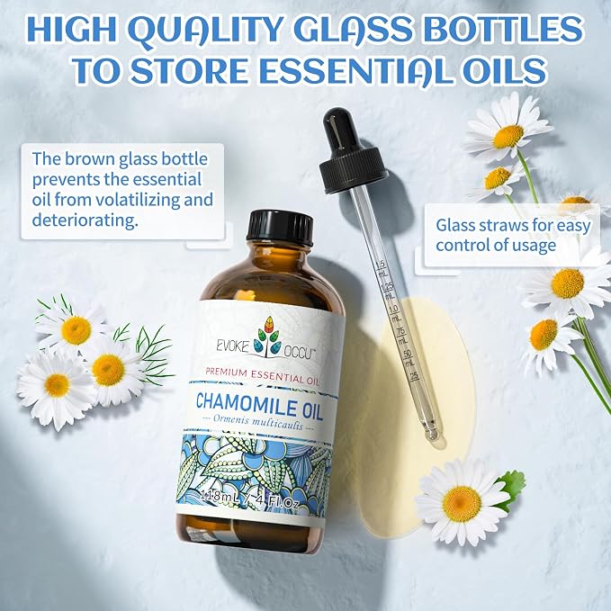 EVOKE OCCU Chamomile Essential Oil for Skin Hair & Diffuser | Herbal Scent, Suitable for Use Before Sleep, During Yoga, for Massage, Nail Care, and DIY – 118mL / 4 fl oz