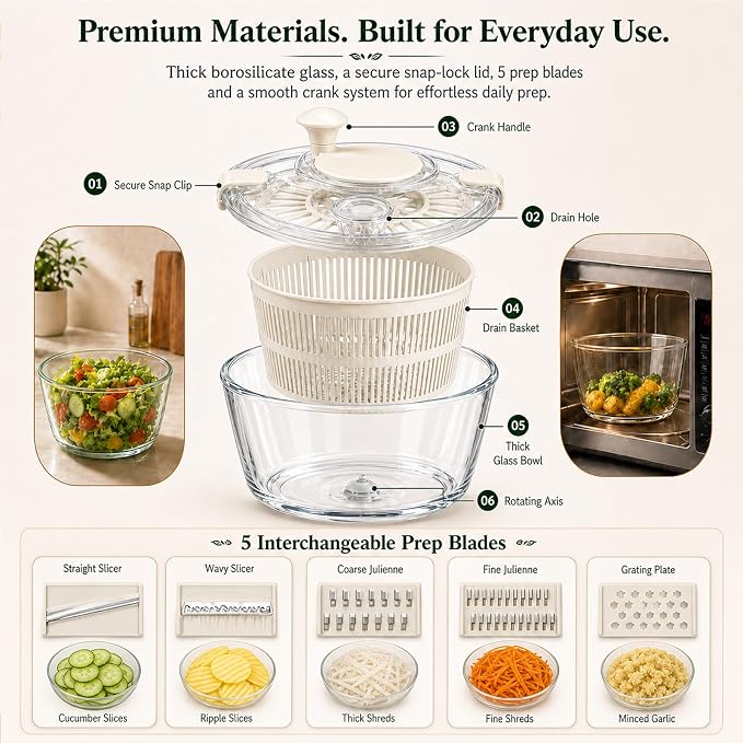 Borosilicate Glass Large Salad Spinner Vegetable Washer 5.2 Quart BPA-Free Slicer Drain with 5 Chopping Blades Dishwasher Safe Handle Washing and Dehydrating Lettuce Fruit Veggie Bowl