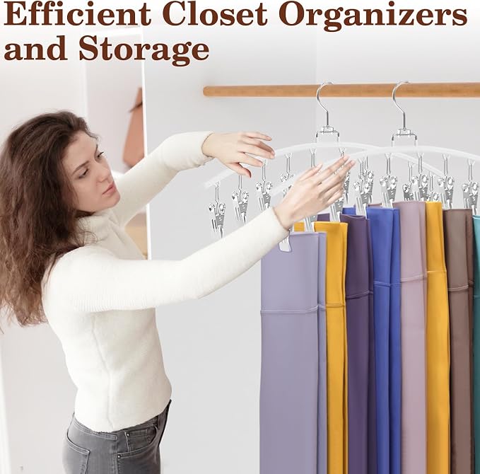 4 Pack Legging Organizer for Closet, Ginyoyo Metal Gym Clothes Organizer w/40 Clips Holds 40 Leggings, Hangers Space Saving, Closet Organizers and Storage, Room Organization Essentials, White