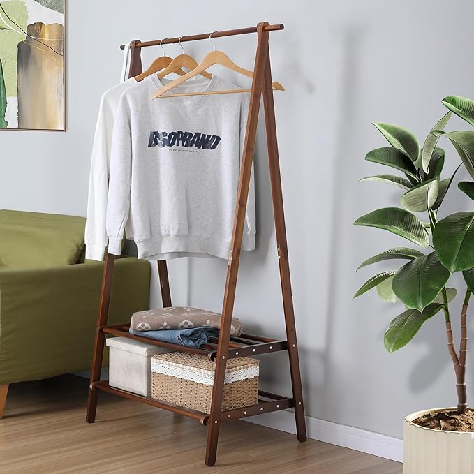 Jotsport Bamboo Clothing Rack with 2 Tier Storage Shelf, Foldable Design | Portable Clothes Hanging Stand Space-Saving Garment Rack for Laundry, Guest Room, Apartment, Entryway