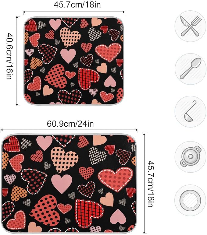 Happy Valentine's Day Love Heart Black Dish Drying Mat for Kitchen Valentines Day Microfiber Drying Mats Absorbent Reversible Dish Pad Large Dish Draining Mat 18x24 inch