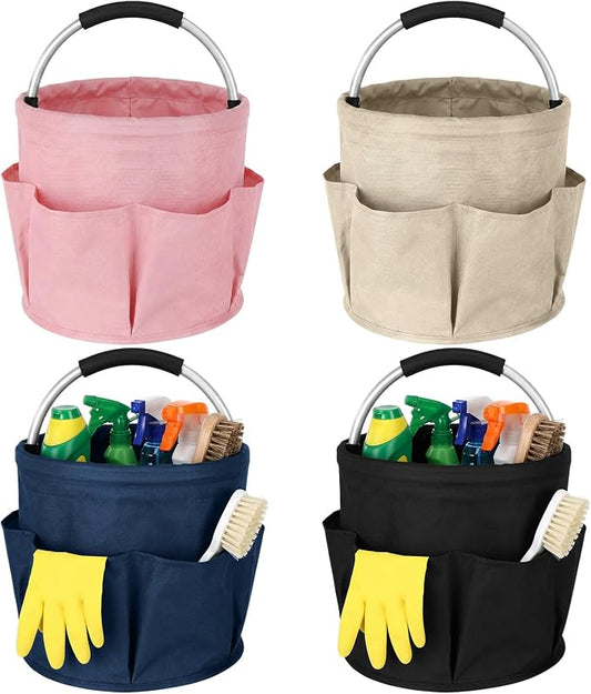 LemonRoad 4 Pack Cleaning Caddy with Handle 17L Foldable Cleaning Supplies Organizer Oxford Cloth Storage Basket with 6 Pockets Portable Multi Bucket Bag for Home Garden (Black,Beige,Navy Blue,Pink)