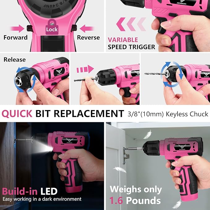 JENABOM 127-Piece Home Tool Set with 8V Pink Cordless Drill | With Portable Toolbox, Hand Tools for Home Repair, DIY Projects & Daily Use, Gift for Women & Men