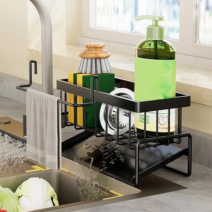 Sponge Holder for Kitchen Sink, Sink Caddy with Dishcloth Rack, Kitchen Sink Storage Rack Organizer Countertop Rustproof, Soap Dispenser Organizers and Storage Essentials