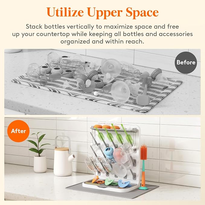 Lifewit 15-Hooks Baby Bottle Drying Rack with Drain Mat for Countertop | Vertical Bottle Storage Organizer, Stand-Up Dryer Holder for Pacifiers, Pump Parts, Baby Stuff, Newborn Essentials Must Haves