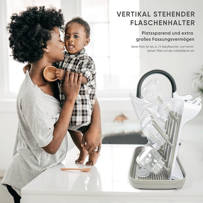 Termichy Baby Bottle Drying Rack：Large Vertical Space Saver for Countertop | With 15 Hooks - Quick-Dry Holder for Nipples, Teethers & Breast Pump Parts -Newborn Essentials Must-Haves Khaki