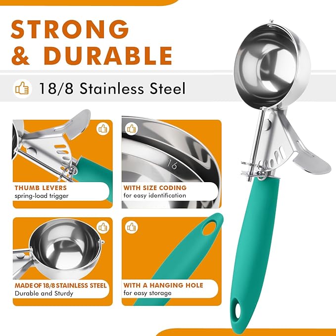 JUNADAEL J Portion Scoop, 2.75 OZ Disher Scoop, #16 Cookie Scoops, Green Handle, for Portion Control, Cookie Dough, Cupcake Batter, Ice Cream, Muffin, Mashed Potatoes