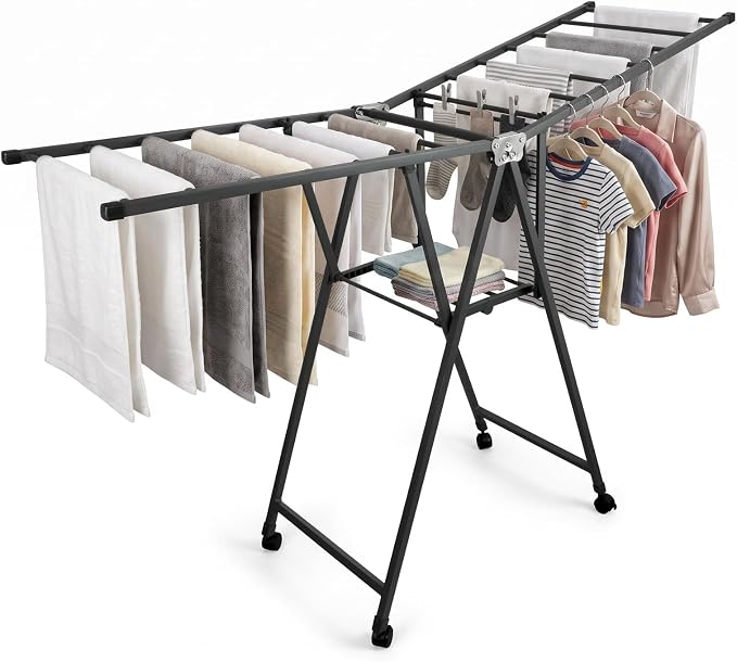 Clothes Rack, 2-Tier Drying Hanger, for 20 Pieces+, Foldable and Space Saving, Portable, Indoor or Outdoor Use, Solid Metal Clotheshorse, Nice for Mum, Gray (1.6 m Wing Length)