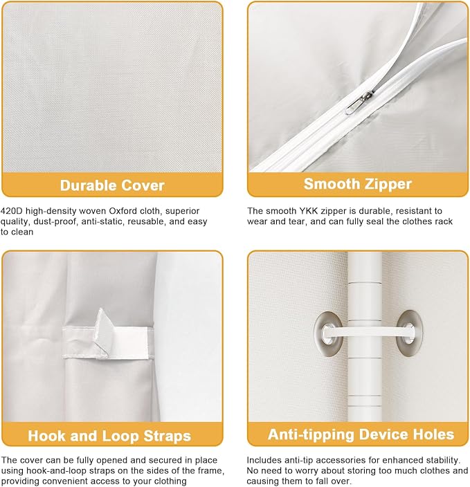 ULIFHOME Clothes Rack with Cover, Large Clothing Racks for Hanging Clothes | H41C Heavy Duty Garment Rack, Adjustable Shelves and Rods, Max Load 1150 Lbs, White Portable Closet Rack with White Cover