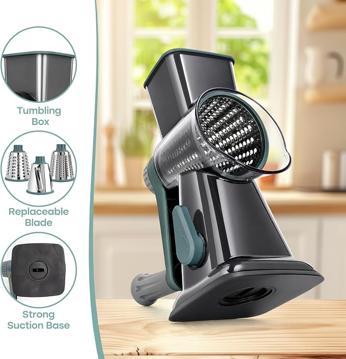 Rotary Cheese Grater,Cheese Shredder Hand Crank, Manual Cheese Grater for Veggies, 3-Blade Grater, Home Kitchen Appliances and Kitchen Gadgets (Blue)