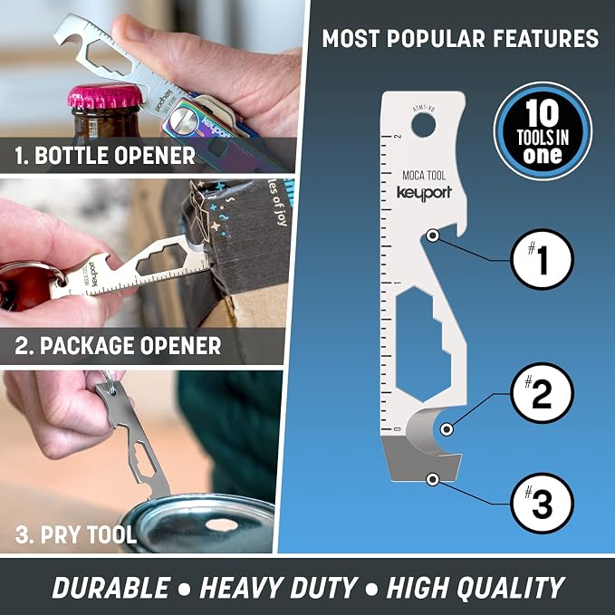 Keyport MOCA 10-in-1 Keychain Multitool - Flat EDC Key Tool - Silver | Fits Key Chains, Select Key Organizers | 420 Stainless | Internal Blade, Travel-Friendly | Box Opener, Pry Bar, Bottle Opener