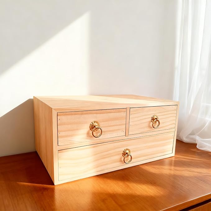 2 Layer Desk Organizer Natural Wooden Storage Box Counter Drawer | Office Desk Organizer Wood Desktop Organizer with Metal Handle 3 Drawer for Desk Accessories Home Office Counter Craft Decor