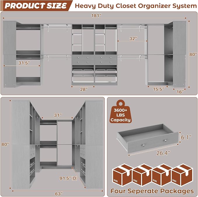 Besiost Closet System with 4 Drawers & Corner Tower, Closet Organizer System with 10 Hanging Robs, Reversible U Shaped Walk-in Closet System, Load 3600+LBS Capacity, Set of 4, Morandi Grey