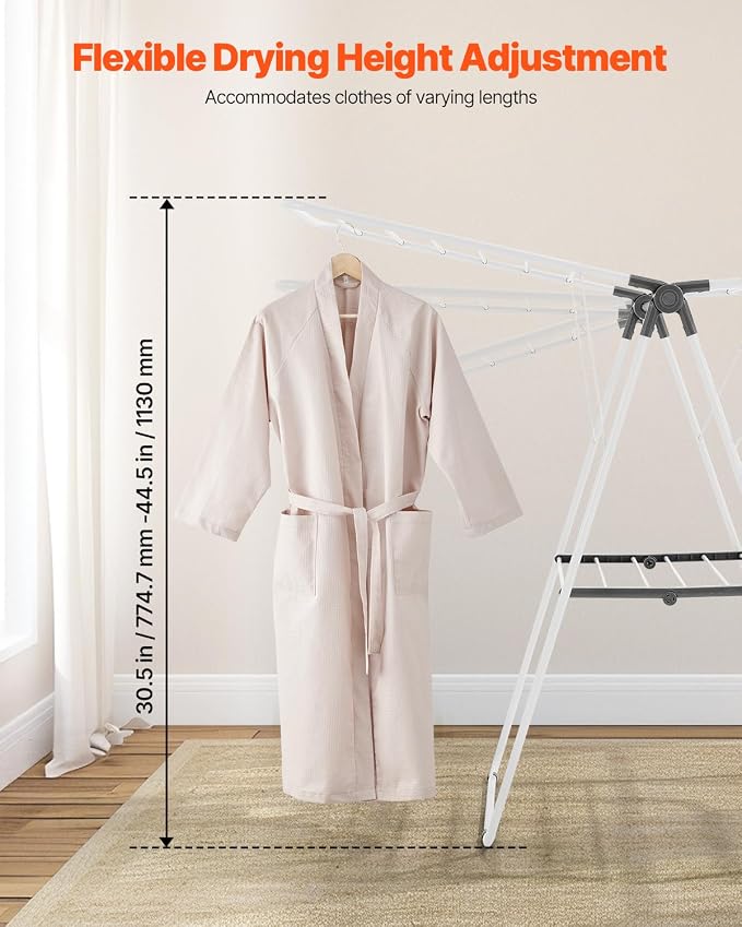 VEVOR Clothes Drying Rack, 2-Tier Foldable Laundry Dryer Rack with Sock Clips & 21 Drying Rods, Metal Height Adjustable Drying Racks for Outdoor & Indoor, Free-Standing & Space-Saving Hanger, White
