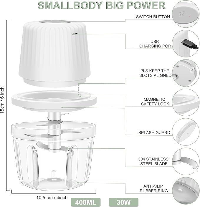 400ML Electric Garlic Chopper, 6 Blades Garlic Grinder Mini Vegetable Chopper, USB Portable Veggie Chopper, Onion Mincer, Food Processor for Ginger, Chili, Fruit, Meat