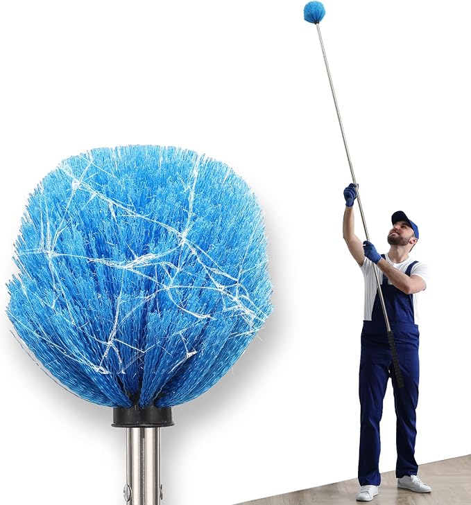 Lightweight Cobweb Duster with Extension Pole – 8FT Long Reach Brush Kit, Washable Head for Ceiling Fan, Spider Webs, Dust – Cleans Up to 15FT, for Furniture, Eaves, Vents, Roof