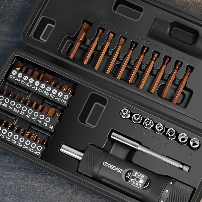 coobeast 49Pcs Preset 1/4” Drive Torque Screwdriver with S2 Bits | Torque Wrench Screwdriver Set, for Maintenance,Tools,Bike Repairing,Mounting,Inch Pound Torque Range 10-70 In-lb