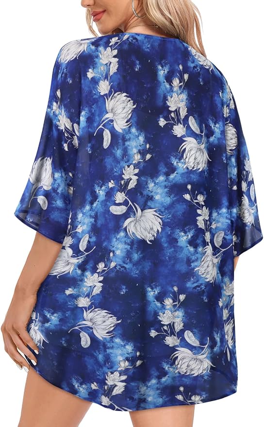 Women Kimono Cardigans Summer Cover Up Hawaiian Shirts Floral Print Tops | ROSEMIA chiffon kimono open front cardigans, beach cover ups, daily casual tops, cruise outfits, summer resort wear