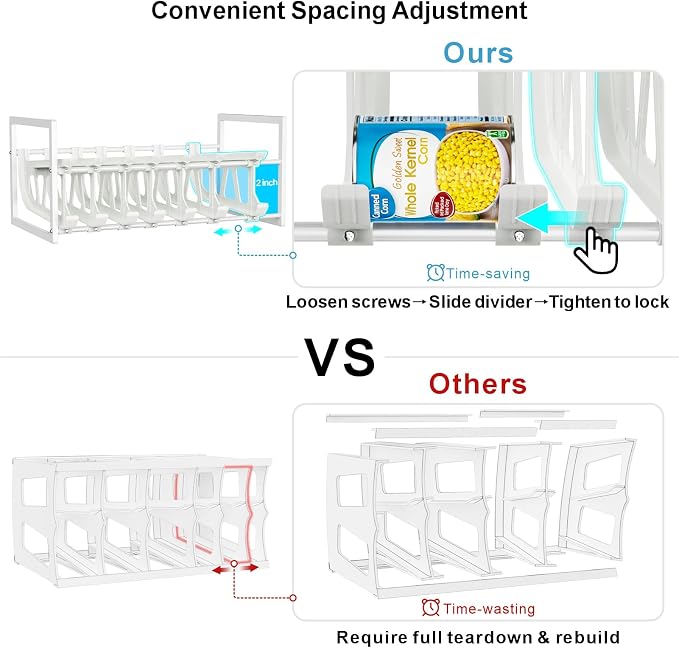 iSPECLE Pantry Can Organizer - Auto-Rolling, Expandable, Holds 120 Cans | White, Stackable For Walk-in Deep Pantry Shelve, Adjustable Width for Food Cans, Sturdy Metal Frame, Easy Access & Restocking