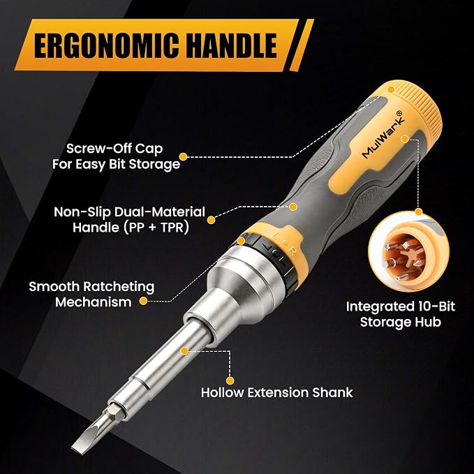 Mulwark 16-in-1 Ratcheting Multi-Bit Screwdriver Set, S2 Steel Screwdriver with 1/4" & 5/16" Nut Drivers, Nickel Coated Anti-Rust screw driver, Max Torque Soft Handle for Home Repair & DIY