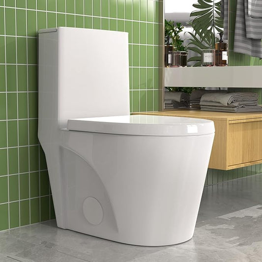 Modern One Piece Elongated Toilet, Dual Flush 1/1.6 GPF, 17" Comfort Height, 15.5" Soft-Close Seat, Quiet & Anti-Clog, Water-Saving, 12" Rough-In, Easy Install (White, 27.17"x15.55"x30.71")
