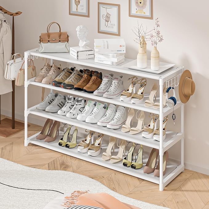 LUKYTOWER Extra Long Shoe Rack 4 Tier with 2 Hooks Shoe Storage Organizer | Wide Stackable Shoe Racks for Closet, Entryway,Shoe Shelf Stand Sturdy Durable Shoes Holder Save Space Up to 26Pairs