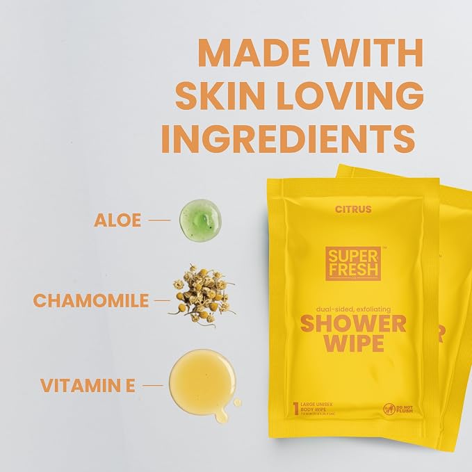 Super Fresh Shower Wipes Large Citrus Body Wipes for No Rinse Bathing Personal Hygiene Gym Travel or Camping Enriched with Aloe and Vitamin E 50 Individually Wrapped Disposable Sheets