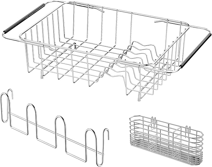 NiuYichee Stainless Steel Dish Drying Rack(15" L X 11" W X 4.1" H), Expandable Drain Rack Over Sink, Dish Drainer Rack in Sink, with Stainless Steel Utensil Holder & 4 Hooks Cup Hanger