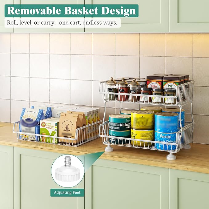 Giwil 3-Tier Rolling Pantry Organizers Fruit Vegetable Storage Basket Cart | 23.62"H under pantry shelf, metal frame, extra standing feet, kitchen produce wire basket for snack fruit onion potato, white