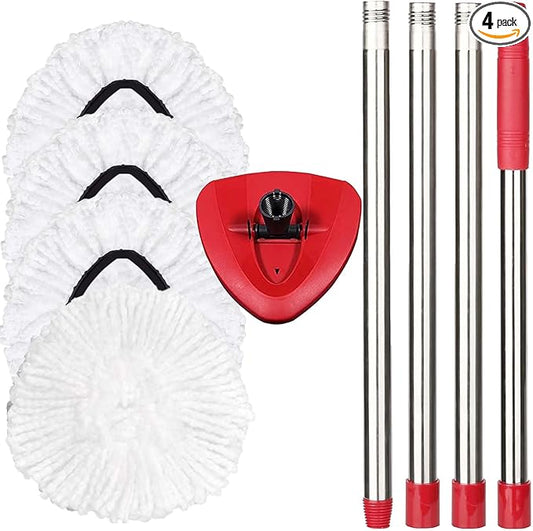 FOOKCIAN Spin Mop Replacement Set - 4 Microfiber Heads, Base, 30-58'' Handle Compatible with OCedar EasyWring - White (1 Can System)
