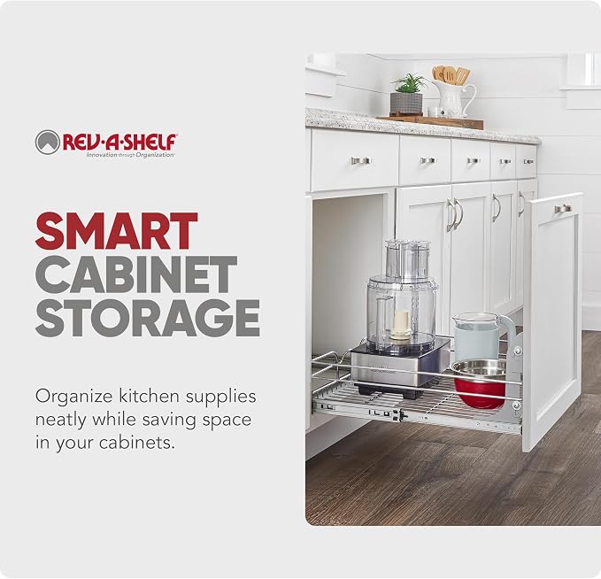 Rev-A-Shelf Steel Wire Pullout Drawer Organizer Shelf for Kitchen Cabinets, Slide Out Storage Basket, Min Opening Width of 17.5", 18" x 22", 5WB1-1822CR-1