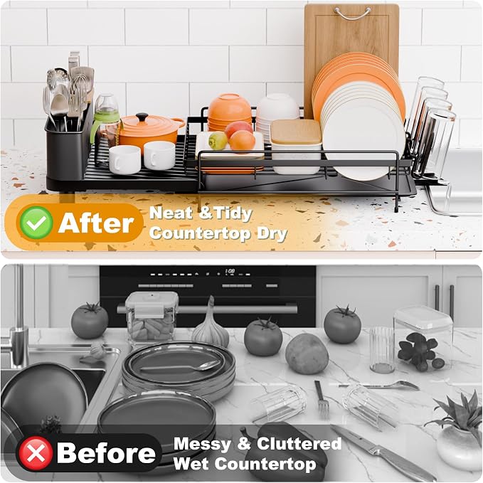 Large Dish Drying Rack - Expandable Dish Drying Rack with Utensil Holder & Cup Holder,Auto-Drain Multifunctional Dish Racks for Kitchen Counter with Drainage,Black