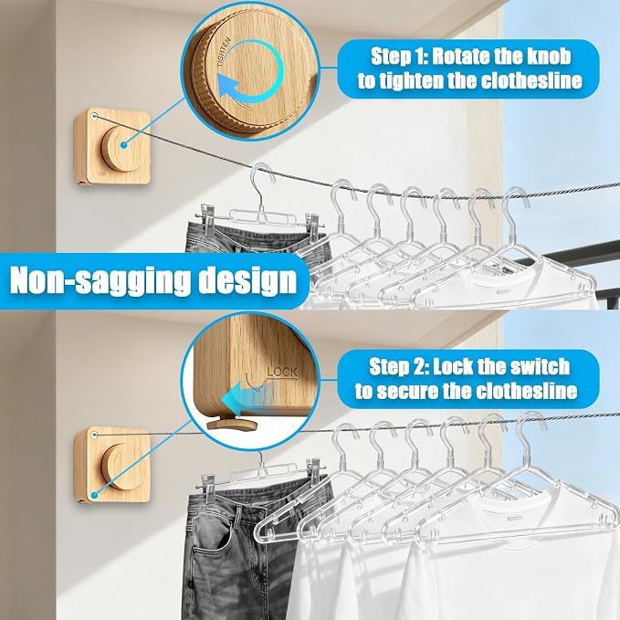 Retractable Clothesline Indoor Outdoor 17.4Ft Non-Sag (1, Light Wood Grain) | Stainless Steel Heavy Duty Design Laundry Wash Line with Wall Mounted, Space-Saving Drying Rack for Bathroom, Balcony