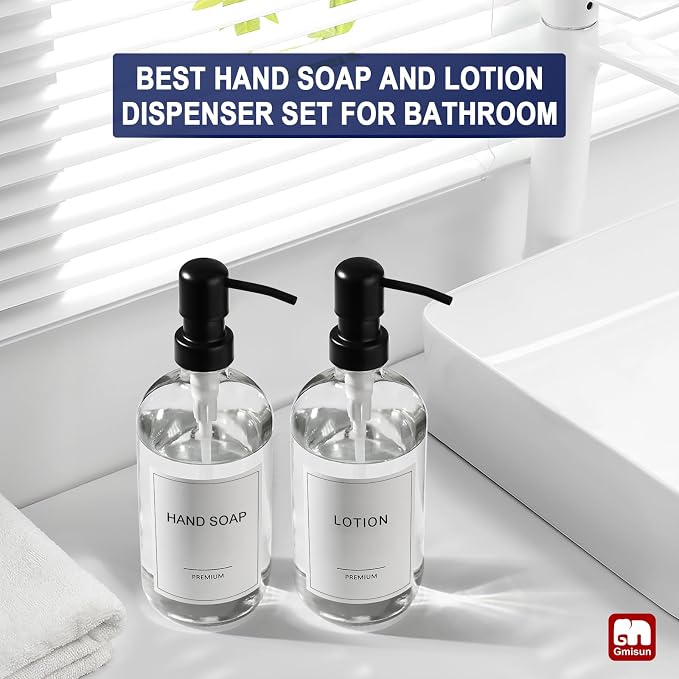 GMISUN Glass Soap Dispenser with Pump, 2 Pack Clear Bathroom Hand Soap Dispenser with Stainless Steel Pump, 17 Fl Oz Refillable Kitchen Hand and Dish Soap Dispensers Set, Modern Liquid Pump Bottles